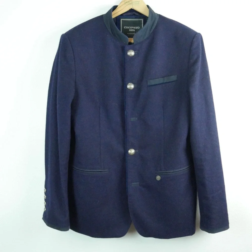 CocoVero Bavaria Loden Wool Trachten Jacket Navy Blue German Blazer US 38 EU 48